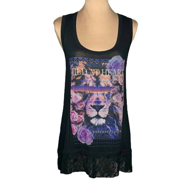 NWT HIP Black Graphic Tee T-Shirt Sz. L Sleeveless Lace Flowers Lion Goth - Picture 11 of 11